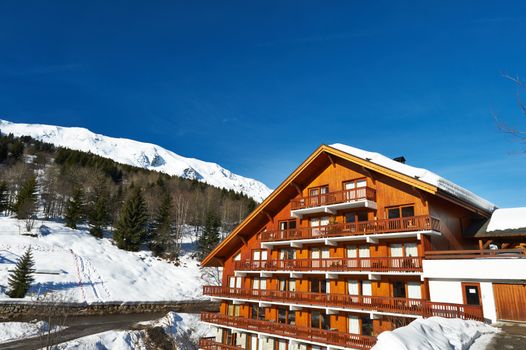 Mountain ski resort with snow in winter, Meribel, Alps, France