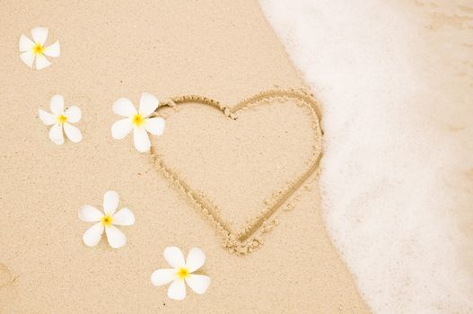 Handwritten heart on sand with wave approachin on Thailand