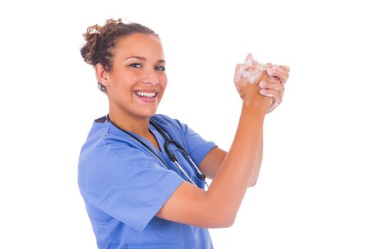 young nurse washing hands with soap isolated