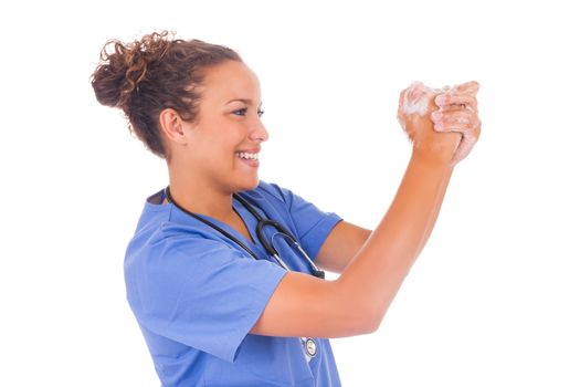 young nurse washing hands with soap isolated