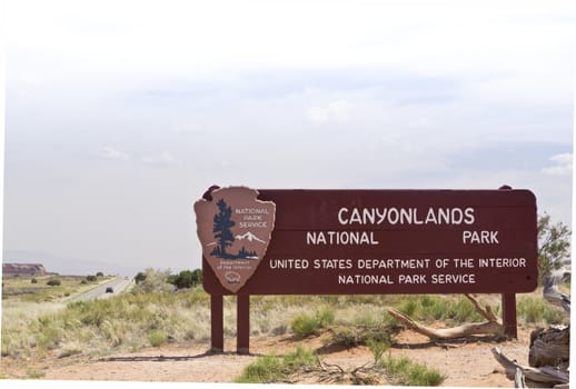 Canyonlands National Park entrance sign; location is Moab, Utah, USA; 