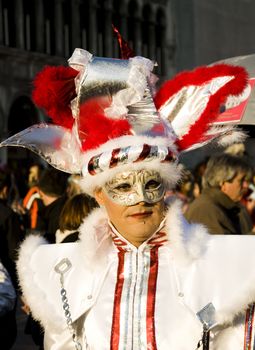 VENICE, ITALY - FEBRUARY 27: Participant in The Carnival, an annual festival that starts around two weeks before Ash Wednesday and ends on Shrove Tuesday or Mardi Gras on February 27, 2011 in Venice, Italy