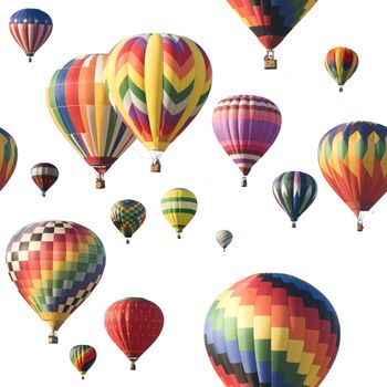 A group of colorful hot-air balloons floating against a white background. Image is seamlessly tileable.