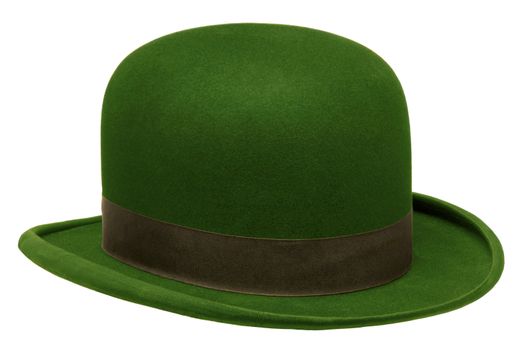 Green bowler or derby hat isolated against white background