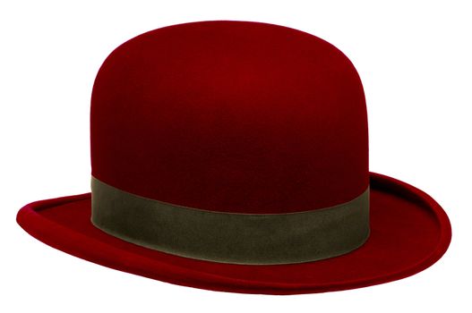 Red bowler or derby hat isolated against white background