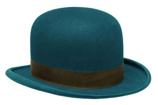 Blue bowler or derby hat isolated against white background