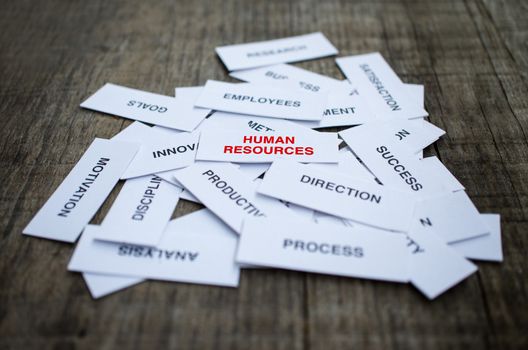 Paper strips with Human Resources related words on wooden background