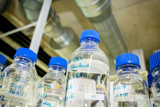 Glass bottles in a chemistry lab