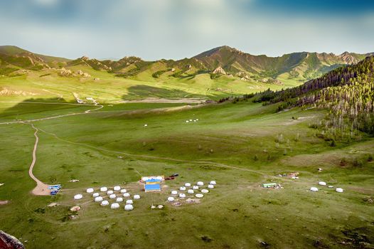 Yourt Camp in Terelj National Park Mongolia with green meadows and animals