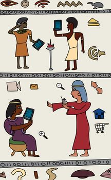 Drawings of Ancient Egyptians with modern technology