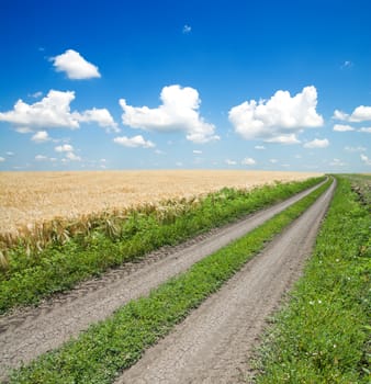 road in green field under beautiful blue sky