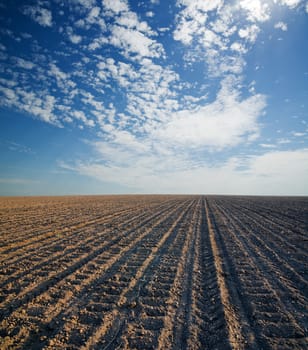 black ploughed field under blue cloudy sky