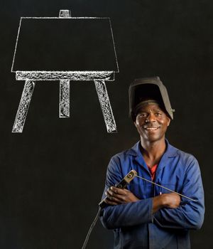 African black man industrial worker with chalk easel on blackboard background