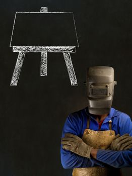 African black man industrial worker with chalk easel on blackboard background