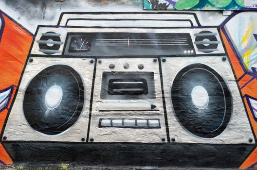 radio-cassette player as graffiti on wall