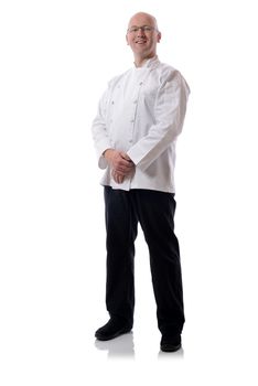 Male chef smiling isolated on white