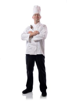 Male chef smiling with ladel sign isolated on white