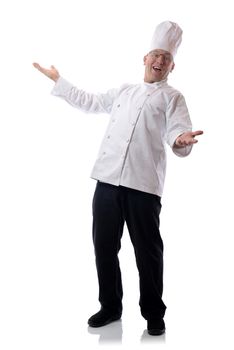 Male chef smiling with open armsisolated on white