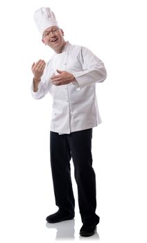 Young professional chef man. Isolated over white background welcoming people in