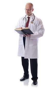 A male doctor with a book, isolated on white background 
