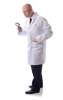 scientist looking thorugh a magnifying glass