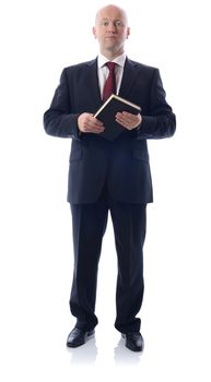 businessman holding a black book isolated on white