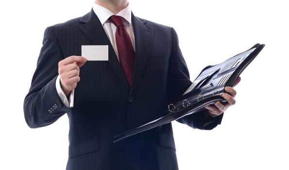  businessman showing a empty business card with copy space to write 