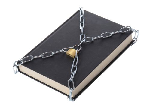 concept of security a book padlocked with chains isolated on white