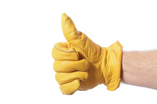 construction worker glove thumbs up with copy space isolated on white
