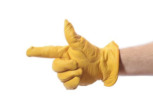 construction worker glove pointing to copy space isolated on white