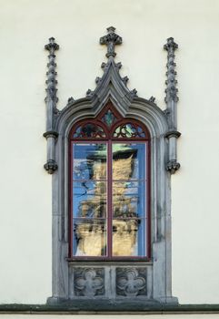 Detail of the Gothic window - Hruba Skala Castle - Czech republic.Hruba Skala Castle (Rough Rock Castle) was build about 1350. The castle is on the edge of the rock mass in the Czech Paradise of about 20 meters high. It was built in Castle Rock built in the 13th century masters of Wallenstein. In 1859 the castle was rebuilded a romantic Neo-Gothic style. Hruba Skala Castle is a public national monument.