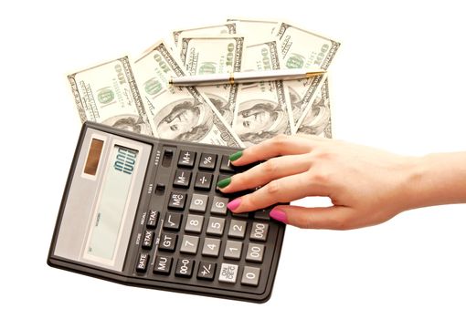 Calculator, pen, money and woman's hands
