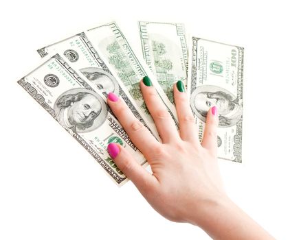 Woman’s hand holding 100 US dollar banknotes, isolated on white background 
