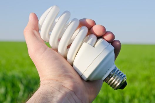 energy saving lamp in hand over green field