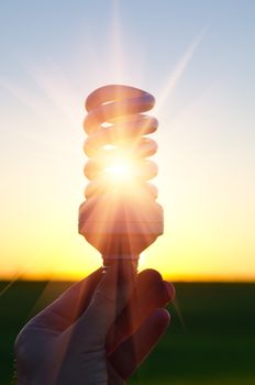 energy saving lamp in sunbeam over sunset