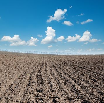 black ploughed field under blue sky