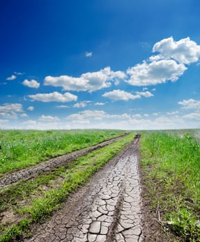 cracked rural road in green grass and cloudy sky