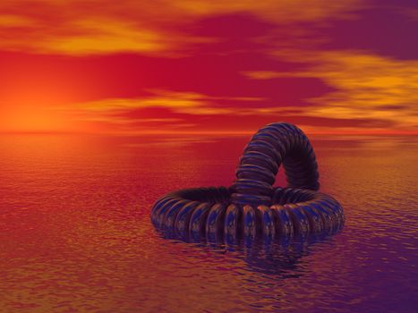 abstract metal rings construction under cloudy red sky - 3d illustration