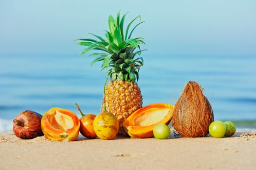 Exotic tropical fruit on the sandy beach