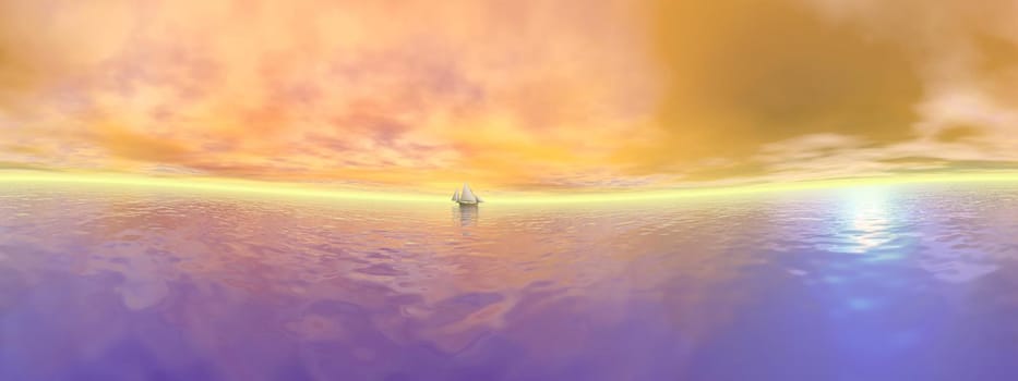 Small sailboat floating on quiet water by orange sunset, 360 degrees effect