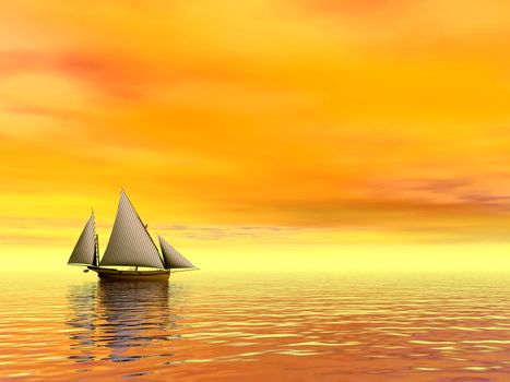 Small sailboat floating on quiet water by orange sunset