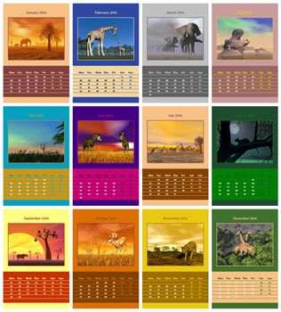 Safari animals english calendar for 2014 in colorful background