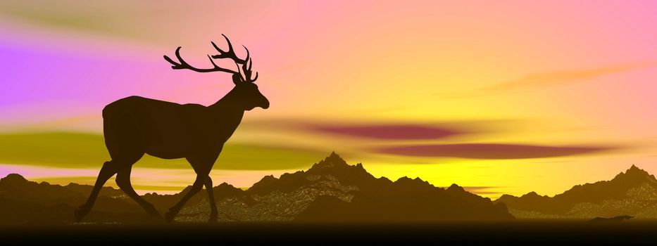 Shadow of an elk standing looking at mountains by sunset