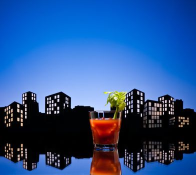Metropolis Bloody Mary cocktail in city skyline setting