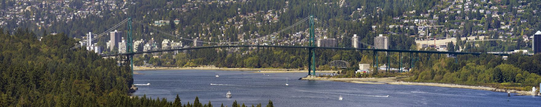 Lions Gate Bridge Over Burrard Inlet in Vancouver BC Canada Panorama