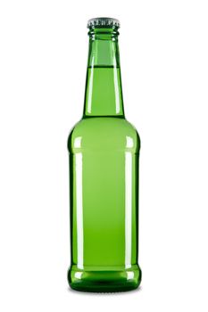 A green bottle of beer isolated over a white background.