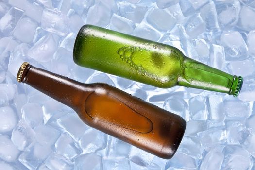 Two bottles of beer cooling on ice.