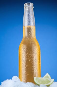 Mexican beer sitting on ice over a blue background.