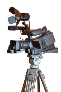 professional video camera on a tripod isolated on white background