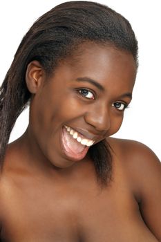 A close-up of a lovely young black woman with bare shoulders.